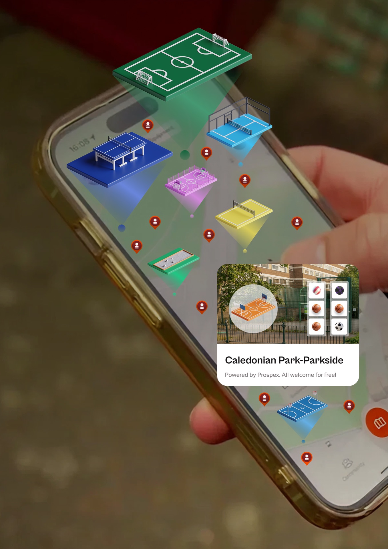 Hand holding a phone showing the PlayMade app map with sports courts
